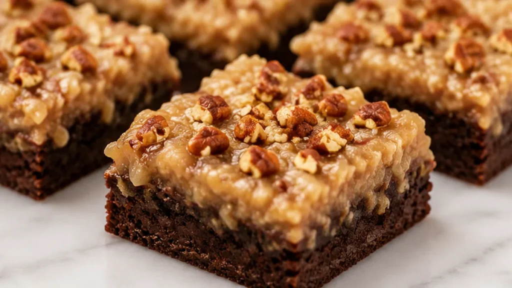 Keto German Chocolate Brownies - keto German brownies - Keto German brownies: master these rich, fudgy low-carb brownies topped with a decadent coconut-pecan fr