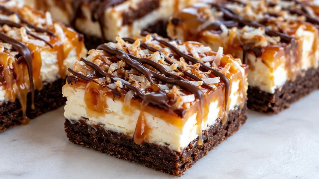 Keto Samoa Cheesecake Bars: Guilt-Free Paradise! - Keto Samoa Bars - Keto Samoa Bars: enjoy these delicious cheesecake bars with rich chocolate, toasted coconut