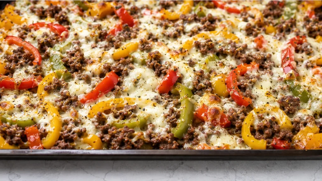 Sheet Pan Ground Beef & Pepper Bake - philly cheesesteak - Philly cheesesteak: cook this hearty, cheesy sandwich filling right on a sheet pan. Quick cleanup, pe