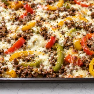 Sheet Pan Ground Beef & Pepper Bake - philly cheesesteak