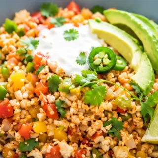 Low-Carb Mexican Cauliflower Rice - Mexican cauliflower rice: whip up this zesty, low-carb dish in under 30 minutes. Packed with fresh vegetables and bright spi